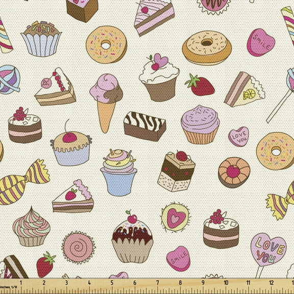 Ambesonne Dessert Fabric by the Yard Upholstery, Assorted Confectionary, 5 Yards, Multicolor