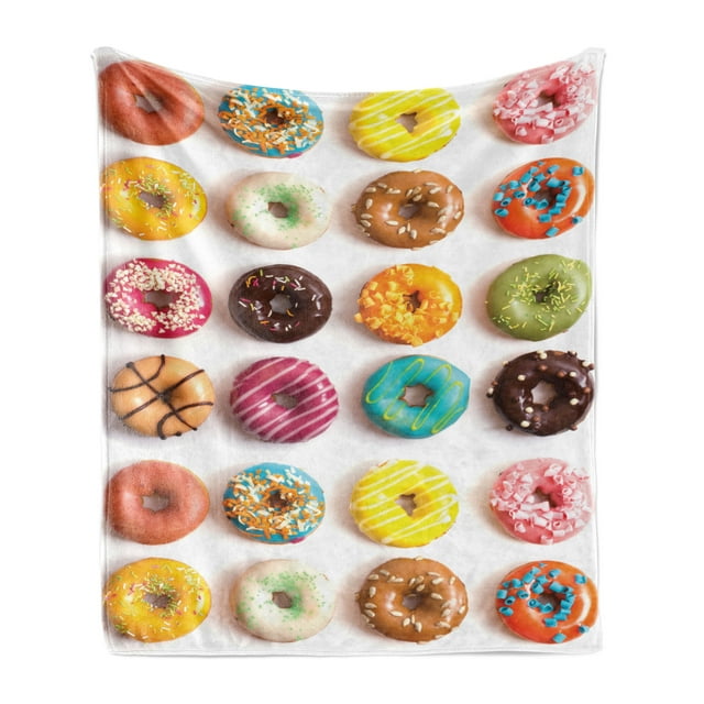 Dessert Soft Flannel Fleece Blanket, Bakery Themed Photo of Top View Colorful Delicious Donuts with Different Toppings, Cozy Plush for Indoor and Outdoor Use, 50" x 70", Multicolor, by Ambesonne