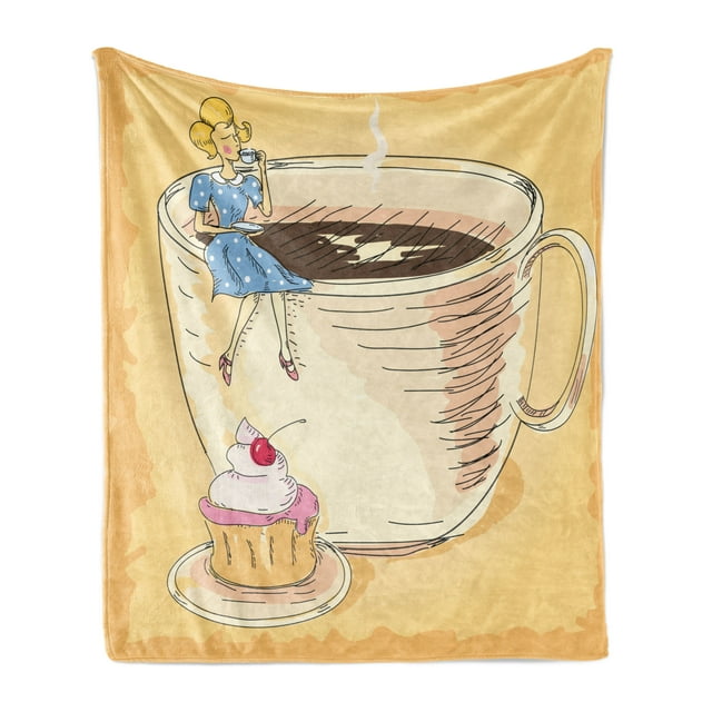 Dessert Soft Flannel Fleece Blanket, Retro Dressed Lady Sitting on a Gigantic Coffee Mug and Sipping Coffee, Cozy Plush for Indoor and Outdoor Use, 60" x 80", Apricot and Multicolor, by Ambesonne