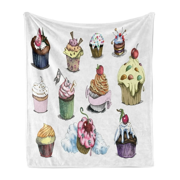 Dessert Soft Flannel Fleece Blanket, Yummy Cupcake Medley with Sprinkled Frosting and Cherry on Top Sketchy Illustration, Cozy Plush for Indoor and Outdoor Use, 60" x 80", Multicolor, by Ambesonne