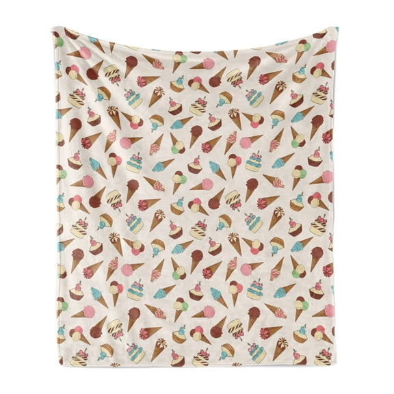 Dessert Soft Flannel Fleece Throw Blanket, Colorful Ice Cream and Cake Patterns Delicious Foods, Cozy Plush for Indoor and Outdoor Use, 50" x 60", Champagne Multicolor, by Ambesonne