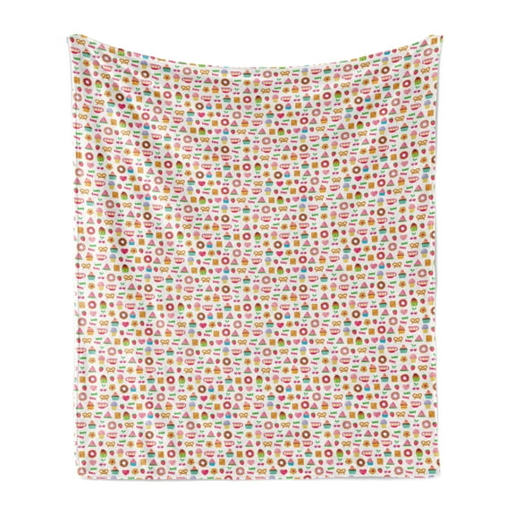 Dessert Soft Flannel Fleece Throw Blanket, Confectionary Pattern of Pretzels and Candies on Pinky Polka Dotted Background, Cozy Plush for Indoor and Outdoor Use, 50" x 60", Multicolor, by Ambesonne