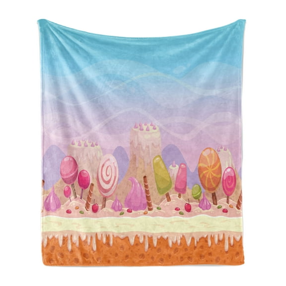 Dessert Soft Flannel Fleece Throw Blanket, Fantasy Candy Road of Popsicles Lollipops Rolled Waffers and Swirl Candies, Cozy Plush for Indoor and Outdoor Use, 50" x 60", Multicolor, by Ambesonne