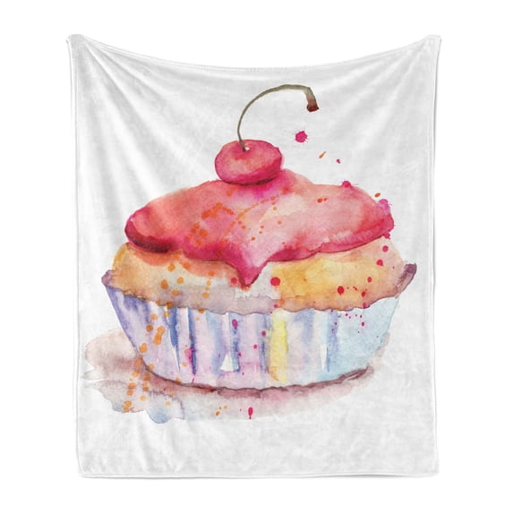 Dessert Soft Flannel Fleece Throw Blanket, Ink Splatter Watercolor Illustration of Cherry Buttercream Frosting Cupcake, Cozy Plush for Indoor and Outdoor Use, 60" x 80", Multicolor, by Ambesonne