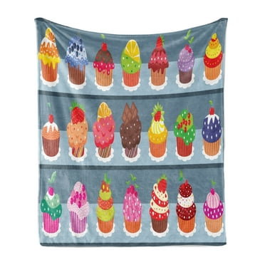 Dessert Soft Flannel Fleece Throw Blanket, Poppy Sprinkled Multilayered Icing Muffins with Berry and Chocolate Toppers, Cozy Plush for Indoor and Outdoor Use, 70" x 90", Multicolor, by Ambesonne