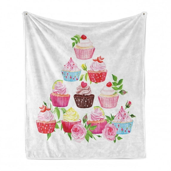 Dessert Soft Flannel Fleece Throw Blanket, Pyramid of Cupcakes with Polka Dot Liners and Bloomed Pink Roses Fresh Pastries, Cozy Plush for Indoor and Outdoor Use, 70" x 90", Multicolor, by Ambesonne
