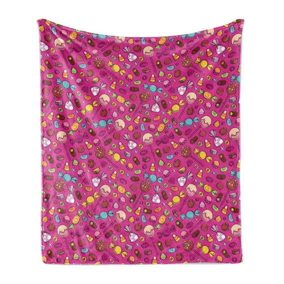 Dessert Soft Flannel Fleece Throw Blanket, Spiral Candies Lollipop Ice Cream Bakery Cupcakes Birthday Cartoon, Cozy Plush for Indoor and Outdoor Use, 70" x 90", Magenta and Multicolor, by Ambesonne