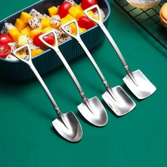 Dessert Spoon Basdi Shovel Shape Stainless Steel Dessert Spoon (4.8") - Ice Cream & Fruit Spoon for Home Kitchen Or Restaurant - Unique Design for Everyday Use - Rustproof, Fruit Scoop