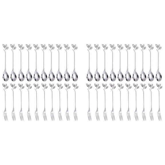 Dessert Spoon Fork Set,20 Pcs 4.7 Inch Cake Fork,Coffee Spoon, Silver Leaf Fruit Fork,(20 Spoon + 20 Fork)