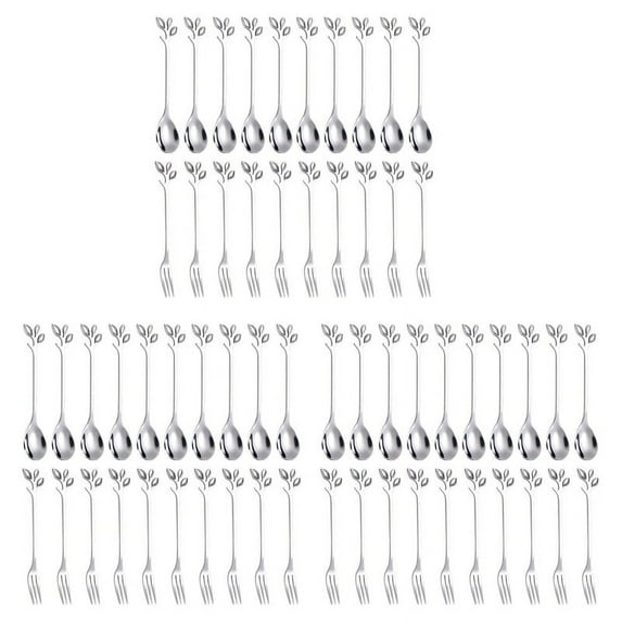 Dessert Spoon Fork Set,60 Pcs 4.7 Inch Cake Fork,Coffee Spoon, Silver Leaf Fruit Fork,(30 Spoon + 30 Fork)