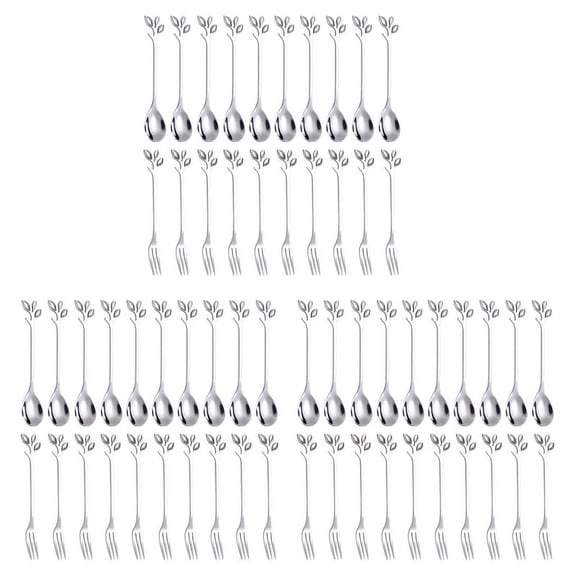 Dessert Spoon Fork Set,60 Pcs 4.7 Inch Cake Fork,Coffee Spoon, Silver Leaf Fruit Fork,(30 Spoon + 30 Fork)