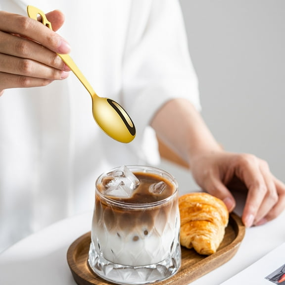 Dessert Spoon, Stainless Steel Creative Hollow Out Spoon for Sweets and Coffee, Durable Decorative Tableware for Household and Cafe Dining, Polished Gold Tone Metal Utensil Decoration Design