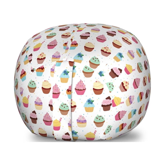 Dessert Storage Toy Bag Chair, Ornamental Pattern of Tasty Yummy Colorful Muffins on Background with Little Dots, Stuffed Animal Organizer Washable Bag, Large Size, Multicolor, by Ambesonne