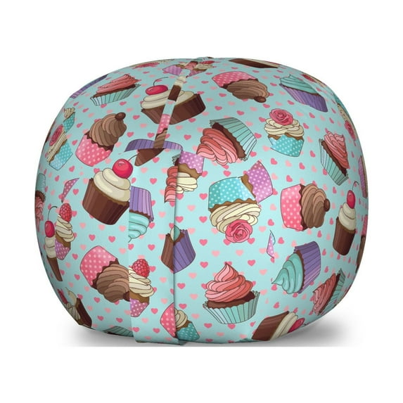 Dessert Storage Toy Bag Chair, Repeating Pattern of Yummy Cupcakes with Rose and Cherry Toppers on Hearts Backdrop, Stuffed Animal Organizer Washable Bag, Large Size, Multicolor, by Ambesonne