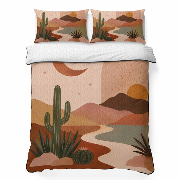 Dessert Sun Moon 3 Piece Quilt Bedding Set with 2 Pillow Shams, Boho Vintage Terracotta Green Cactus Potted Aloe Lightweight Bedspread Coverlet, Soft Breathable All Season Quilt, 96 x 106 Inch