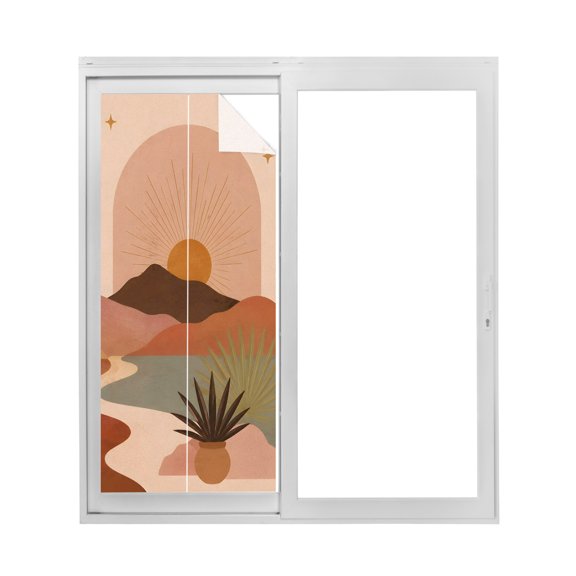 Dessert Sun Moon Window Privacy Film Boho Vintage Terracotta Green Cactus Potted Aloe Decorative Glass Window Film UV Blocking Static Cling Non-Adhesive Sticker Covering 19.6 x 39.3 inches