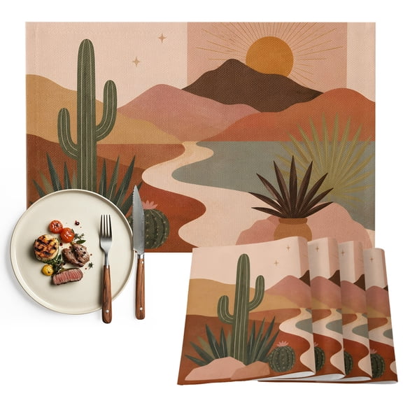 Dessert Sunset Placemats Set of 2, Boho Vintage Abstract Moon Cactus Washable Wipeable Table Mats for Dining Tables, Indoor Outdoor Kitchen Place Mats for Holiday Party Table Decor