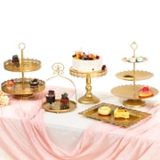 Dessert Table Display ,5pcs Gold Metal Cake Stand Set with Chiffon Runner & White Tablecloth for Wedding Birthday Party