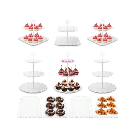 Dessert Table Stand Set 10 Pcs, White Plastic 3-Tier Cupcake Display Stands, Cookie Tray Rack, Serving Tray Towers for Wedding, Baby Shower, Tea Party