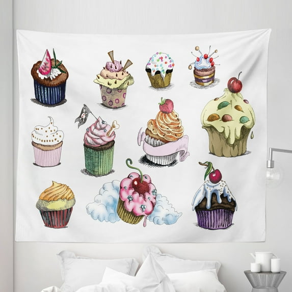 Dessert Tapestry, Yummy Cupcake Medley with Sprinkled Frosting and Cherry on Top Sketchy Illustration, Fabric Wall Hanging Decor for Bedroom Living Room Dorm, 5 Sizes, Multicolor, by Ambesonne
