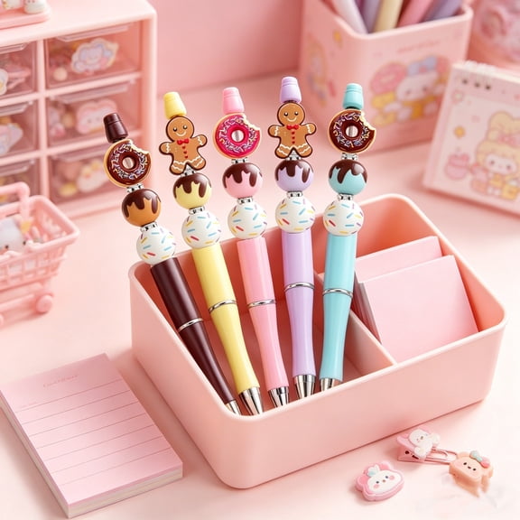Dessert Theme DIY Beaded Ballpoint Pen Multi Quantity Kawaii Handmade Writing Pen Smooth Ink Youngster Stationery For Daily Writing Party Gift Prize