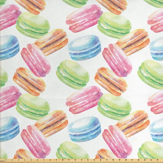 Ambesonne Dessert Fabric by the Yard Upholstery, Flyaway Macaron Design, 3 Yards, Multicolor
