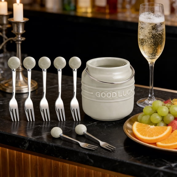 Dessert fork Set - Ceramic Jar with 6 Mini Stainless Steel forks for Fruit, Salad, Appetizer, Cake, Ice Cream Home Tableware - White