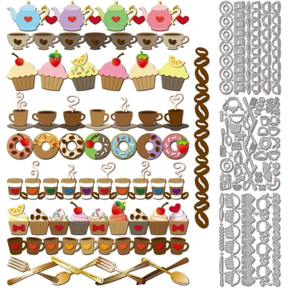 Desserts Lines Corner Cutting Dies Metal Tableware Donut Frame Cutting Embossing Template Tea Coffee Cupcakes Paper Die Cuts for DIY Scrapbooking Card Making Crafts Paper Cards