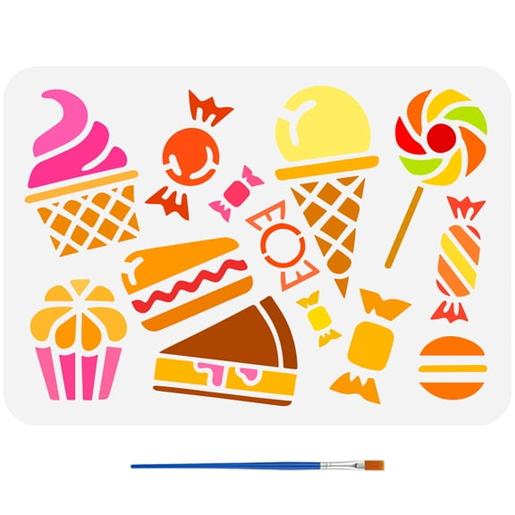 Desserts Stencils with a Paint Brush 11.7x8.3Inch Candy Lollipops Stencils Cake Ice Cream Pattern Stencil Macarons Painting Stencil