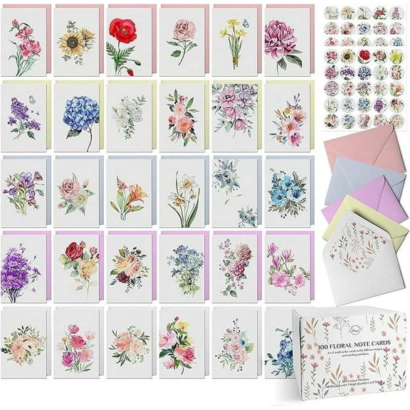 Dessie 100 Floral Blank Note Cards with Envelopes & Seals All Occasion Card Set
