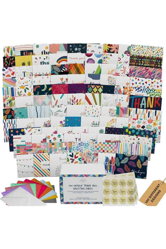 100 Thank You Cards with Unique Designs and Messages, 4 x 6