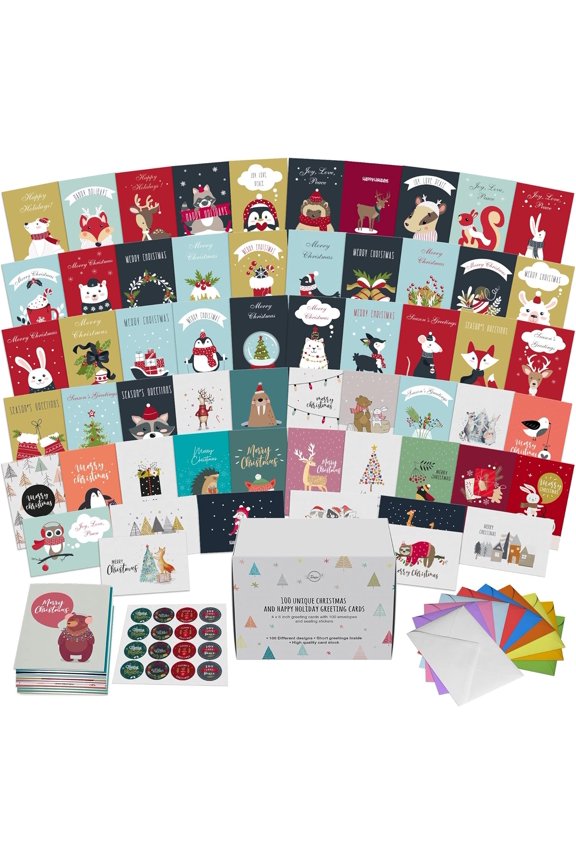 100 Unique Modern Christmas Cards with Envelopes and Matching Sealing Stickers. Happy Holiday Cards with Short Greetings Inside. Bulk Christmas Cards Boxed with Envelopes