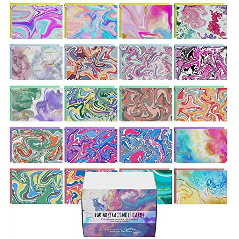 Dessie 100 blank note cards and envelopes for all occasions. 100 different  greeting cards with marble abstract designs - no repetition. Colored  envelopes and gold seals. 4x6 inches 