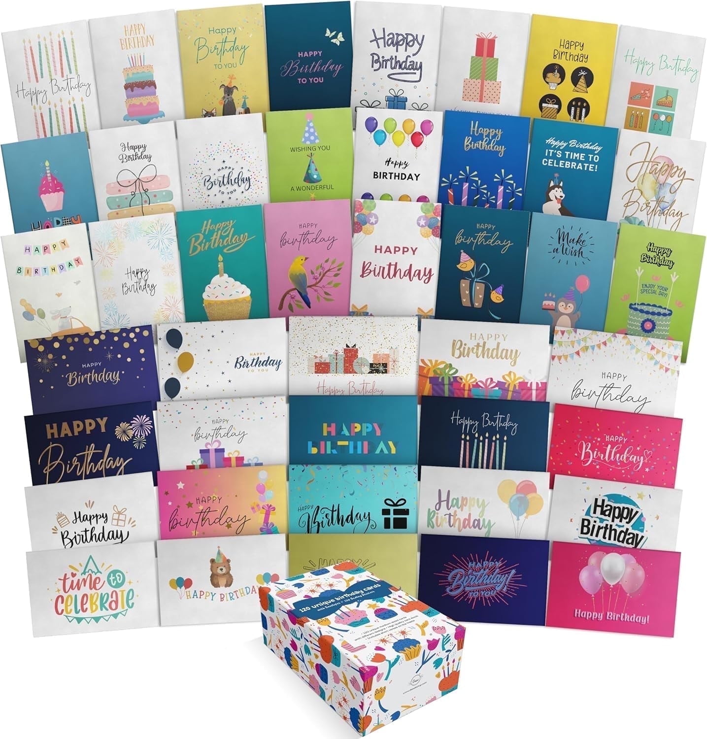 Dessie 120 Happy Birthday Cards with Unique Designs and Birthday Wishes Inside, 4” x 6”