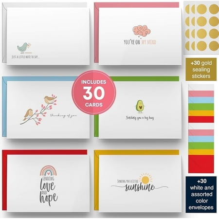 Dessie 30 Fun Thinking of You Cards w/ Envelopes & Gold Seals - 6 Designs, 4x6 inch, Storage Box