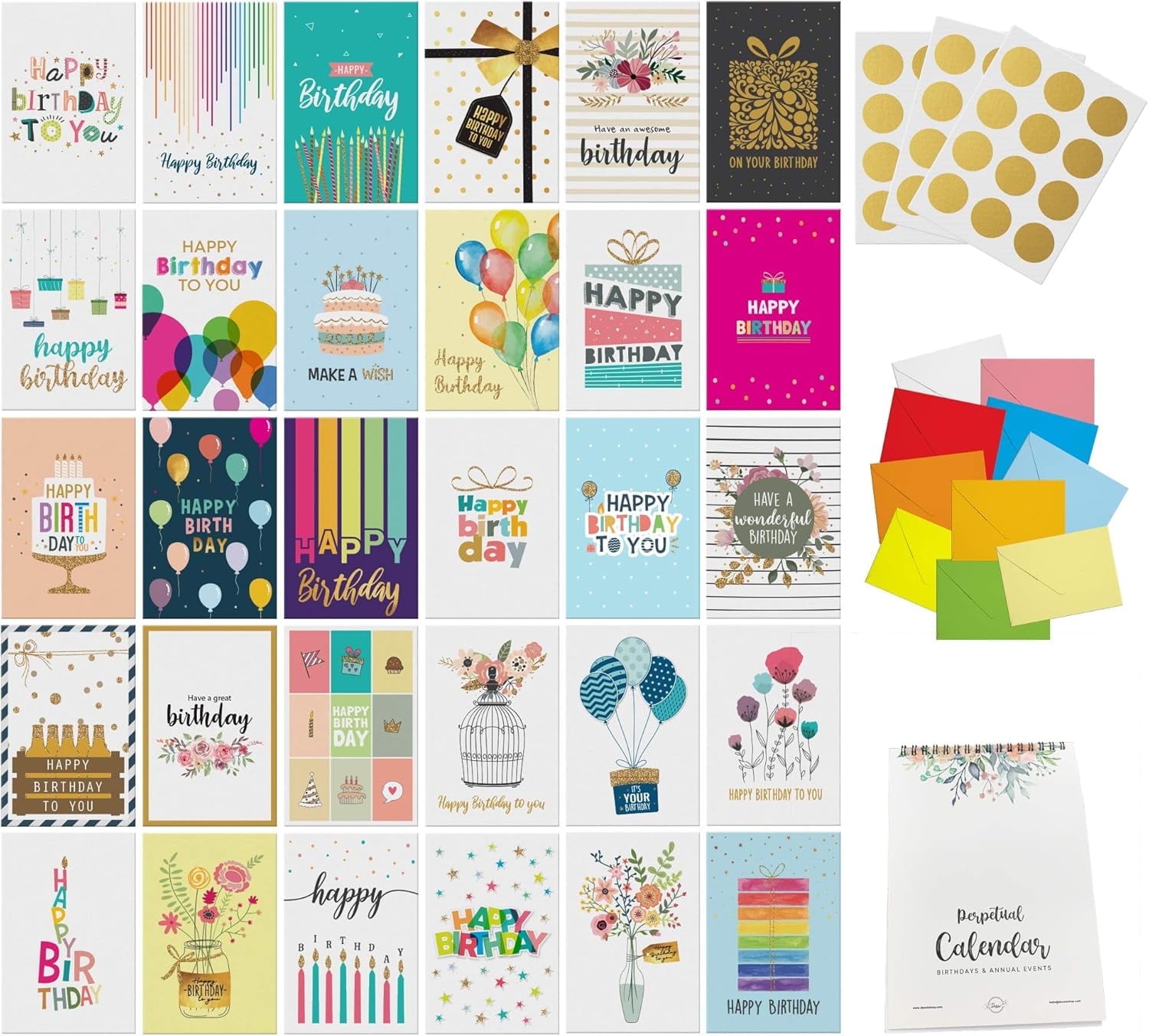 Dessie 30 Happy Birthday Greeting Cards with Unique Designs and Birthday Wishes, 5” x 7”