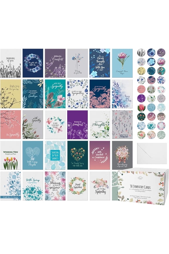 30 Sympathy Cards with Unique Designs and Condolence Messages Inside, 4 x 6