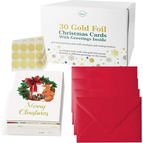 Dessie® 30 Unique Gold Foil Christmas Cards with Red Envelopes and Gold Stickers 5" x 7"