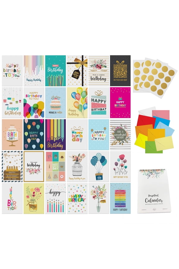 30 Unique Happy Birthday Cards 5x7 - Gold Birthday Cards Bulk With Message Inside. 32 White and Colored Envelopes, Perpetual Birthday Calendar and Gold Sealing Stickers Included In Box Y114