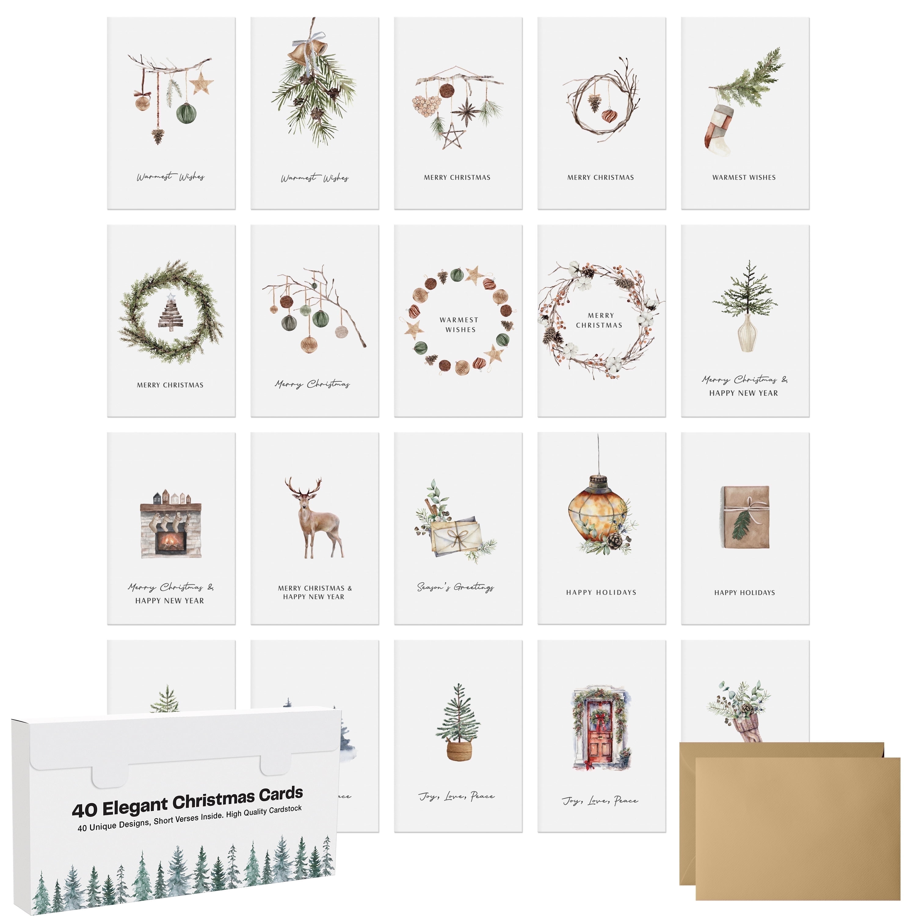 Dessie 40 Rustic Christmas Cards 4x6 Holiday Greeting Set with Kraft Envelopes & Festive Stickers