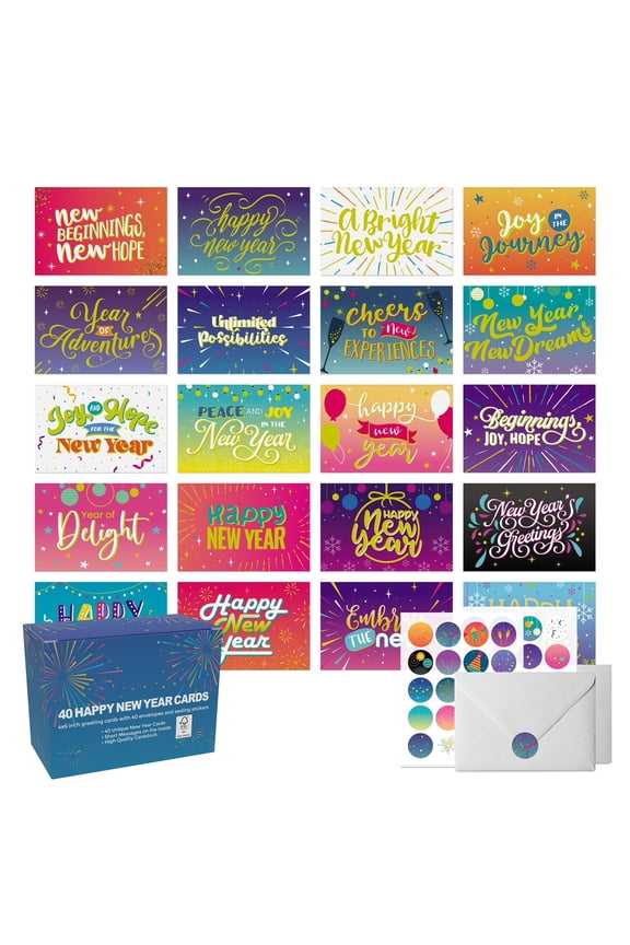40 New Year Cards with Envelopes & Stickers Gold Foil Assorted Greeting Set 4"x6"