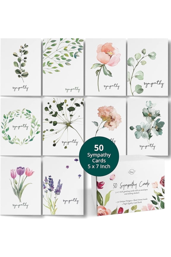 50 Sympathy Cards with Unique Designs and Condolence Messages Inside, 5 x 7