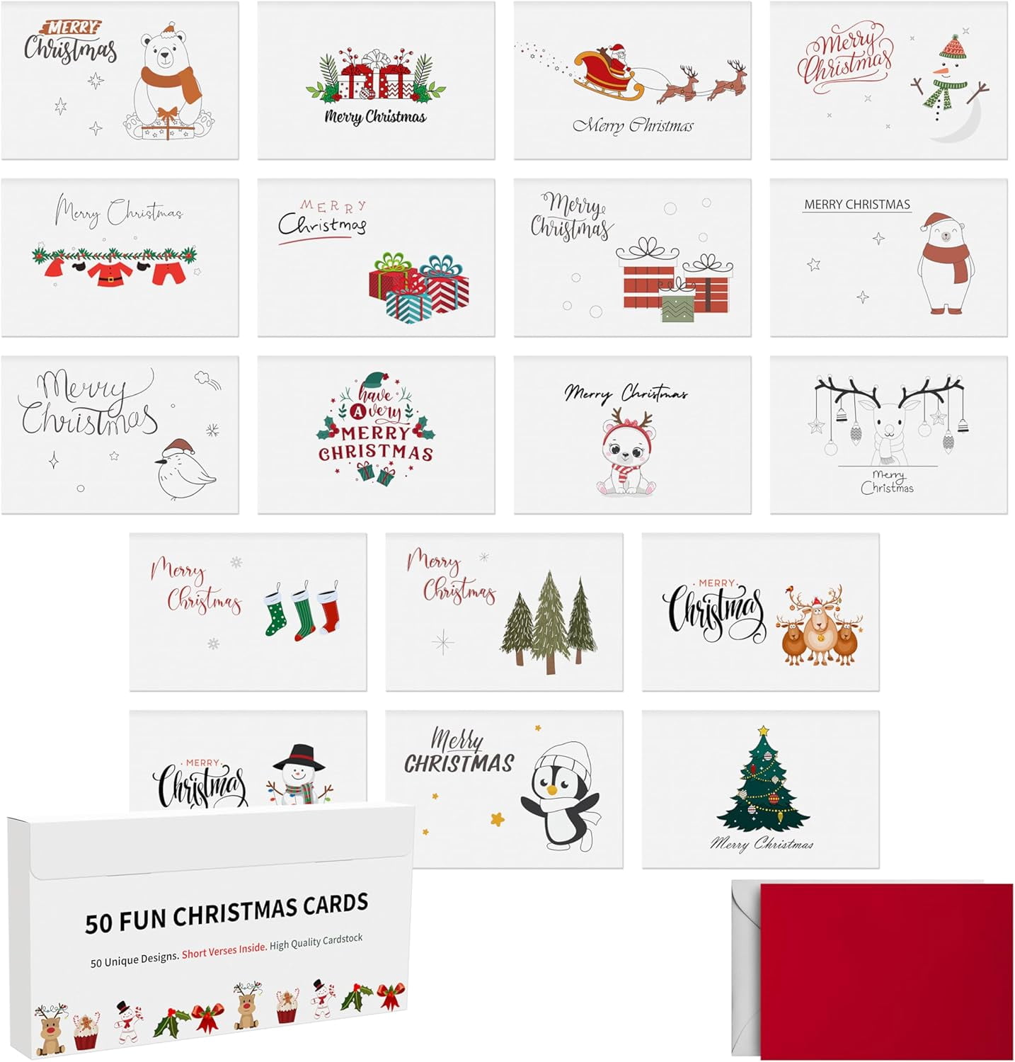 Dessie 50 Unique Christmas Cards Boxed Set with Envelopes and Stickers 4 x 6 Multipack
