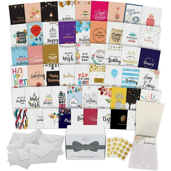 Dessie 60 Happy Birthday Greeting Cards with Unique Designs and Birthday Wishes, 5” x 7”