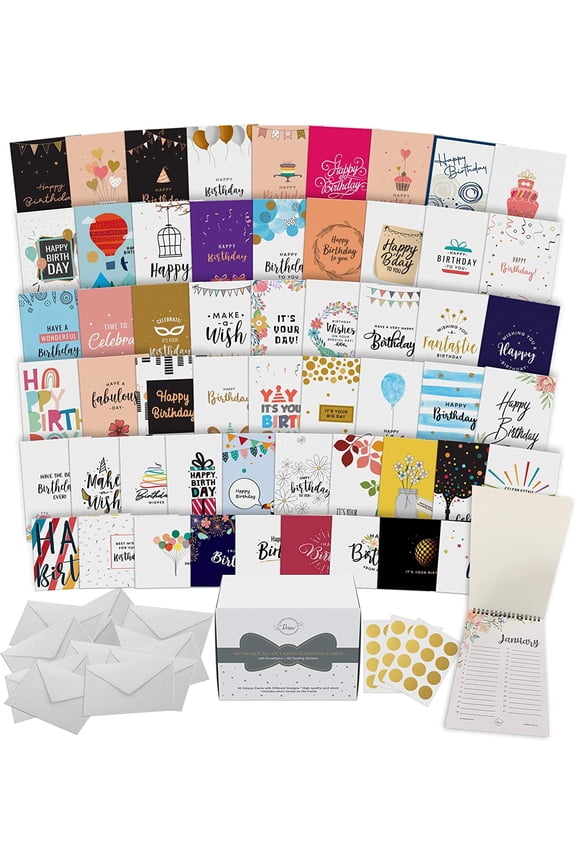 60 Happy Birthday Greeting Cards with Unique Designs and Birthday Wishes, 5 x 7