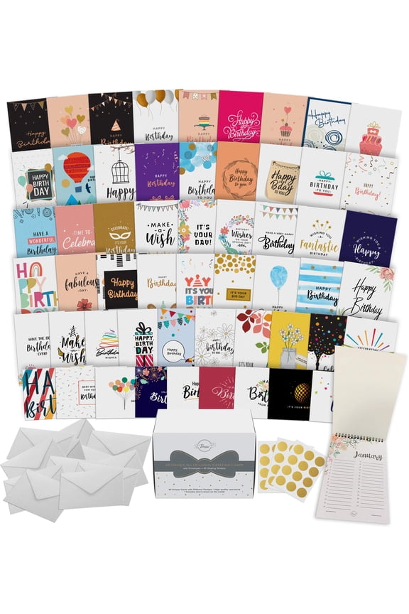 60 Unique Birthday Cards Assortment 5x7 with Generic Birthday Greetings Inside. Suitable For Men, Women and Kids. Send As Is Or Personalize. Includes Envelopes and Gold Stickers Y114