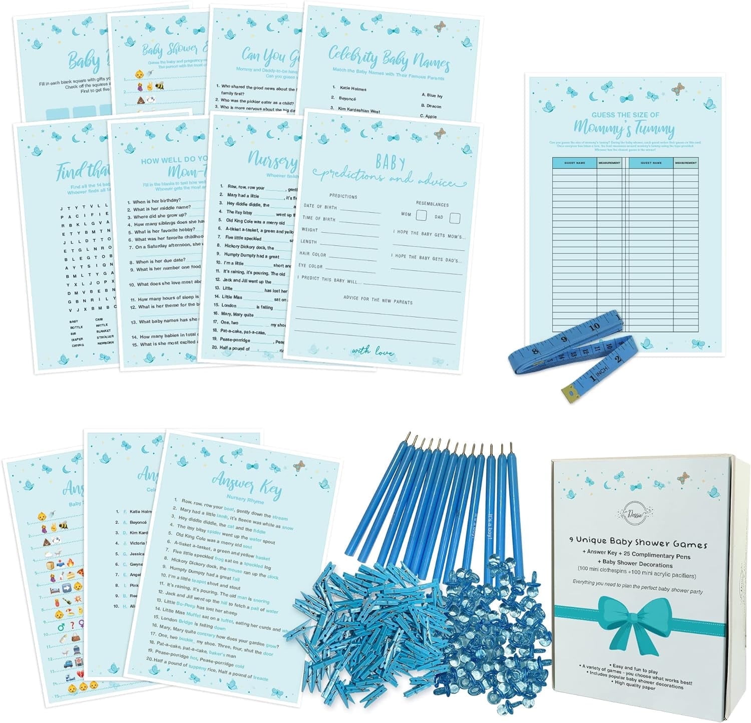 Dessie 9 Boy Baby Shower Card Games Activity Kit with Blue Party Supplies & Decorations