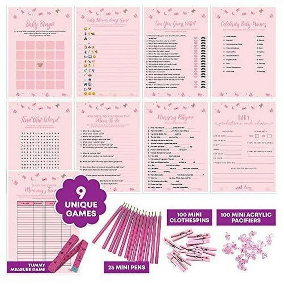 Dessie® 9 Girl Baby Shower Card Games Activity Kit with Pink Party Supplies & Decorations