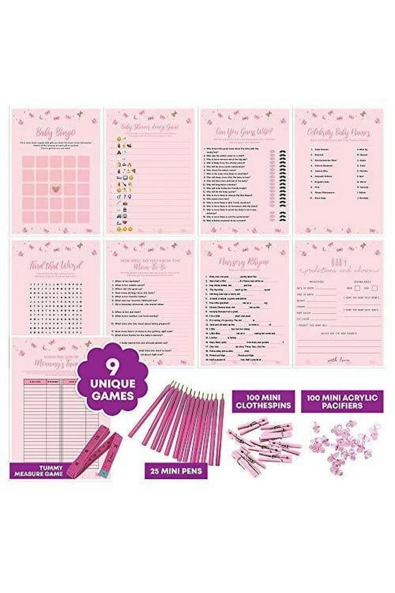 9 Girl Baby Shower Card Games Activity Kit with Pink Party Supplies & Decorations