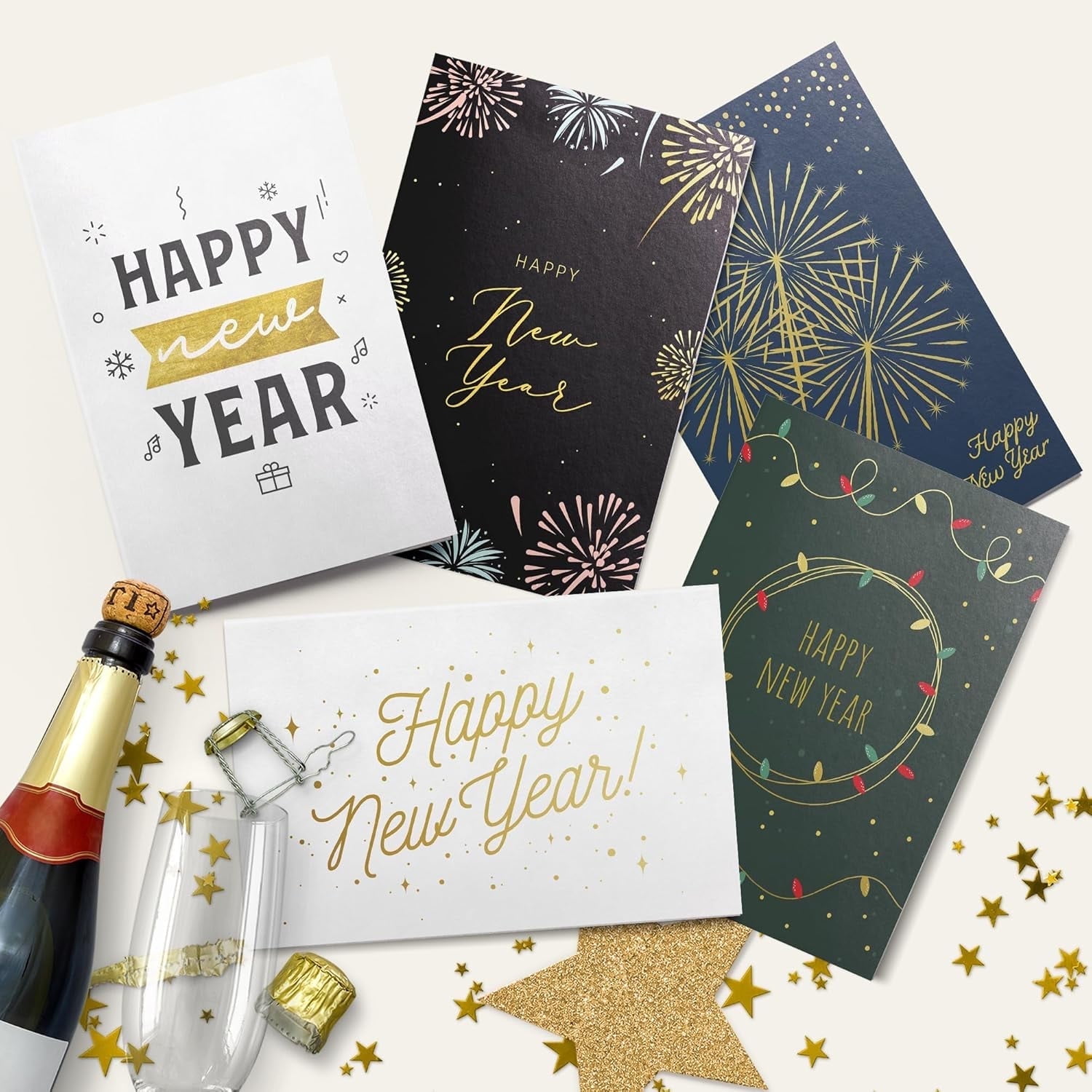 Dessie Boxed Happy New Year Cards 30 Large 5x7 Cards with Gold Foil, 32 Envelopes & Box